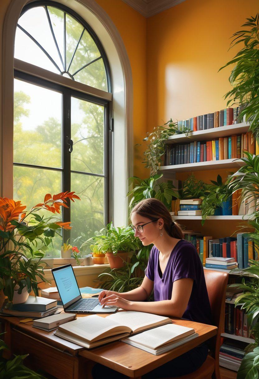 A serene and inspiring study space filled with books and research papers, features a joyful PhD student surrounded by vibrant plants and a calming window view of nature. They'll be examining scholarship options on a laptop, exuding hope and motivation. This composition highlights flourishing growth, intellectual engagement, and the excitement of academic discovery. digital painting. bright colors. soft lighting.