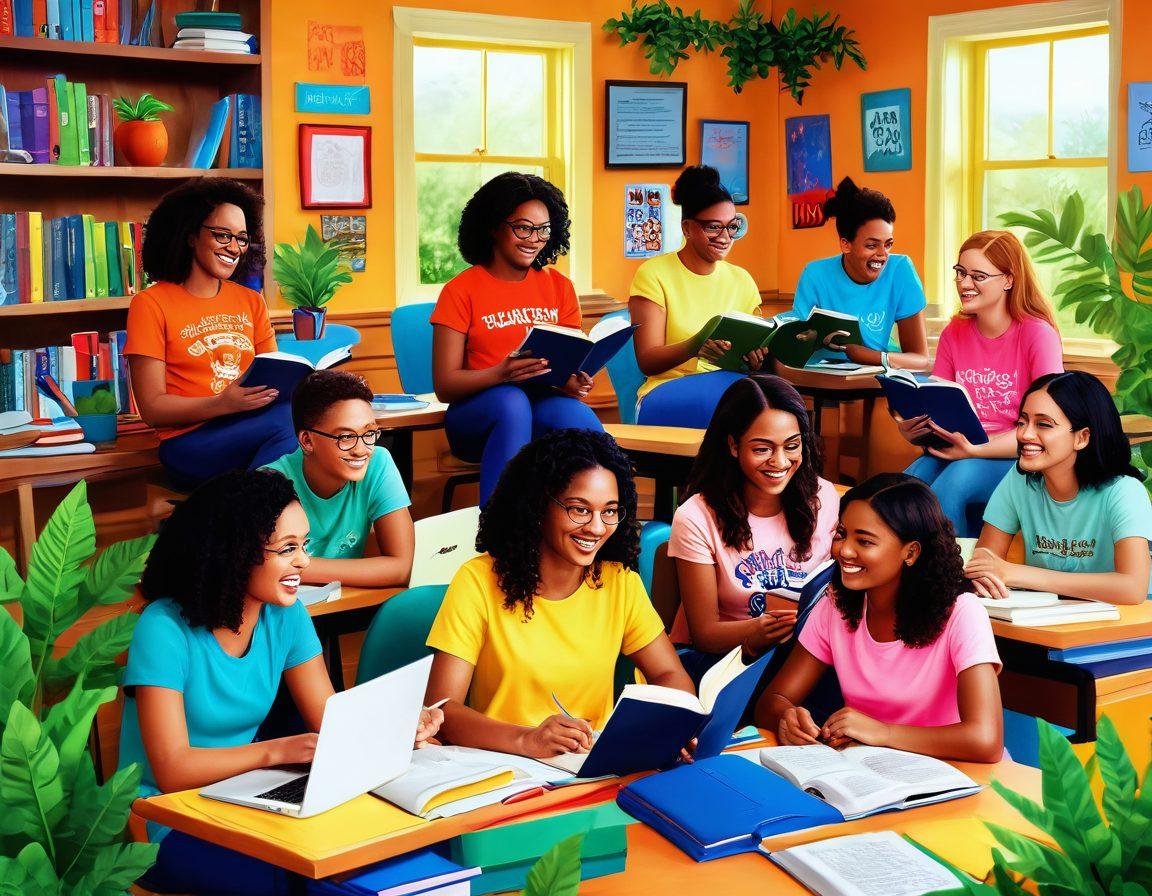 A vibrant scene depicting a diverse group of students joyfully engaging in various scholarly activities, surrounded by inspirational quotes and vivid illustrations of growth and knowledge. Bright colors symbolize cheerfulness and passion, with books, laptops, and plants representing progress. The background features a whimsical blend of nature and academia, evoking a sense of harmony and motivation. vibrant colors. 3D.