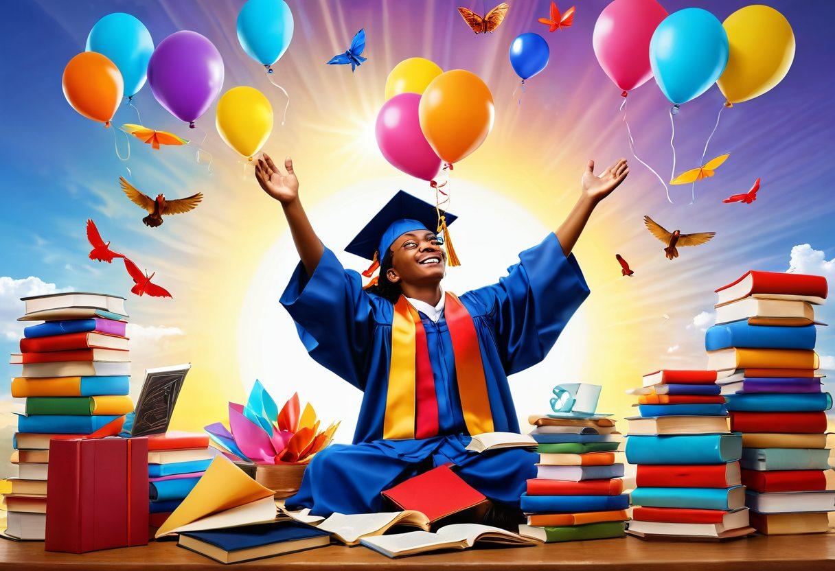 A joyful scholar surrounded by colorful books and papers, with a bright sun shining down, symbolizing enlightenment and happiness. Include lighthearted elements like balloons and a graduation cap floating above. The background should radiate warmth and inspiration, with birds and butterflies flying around, representing freedom and opportunities. vibrant colors. 3D.